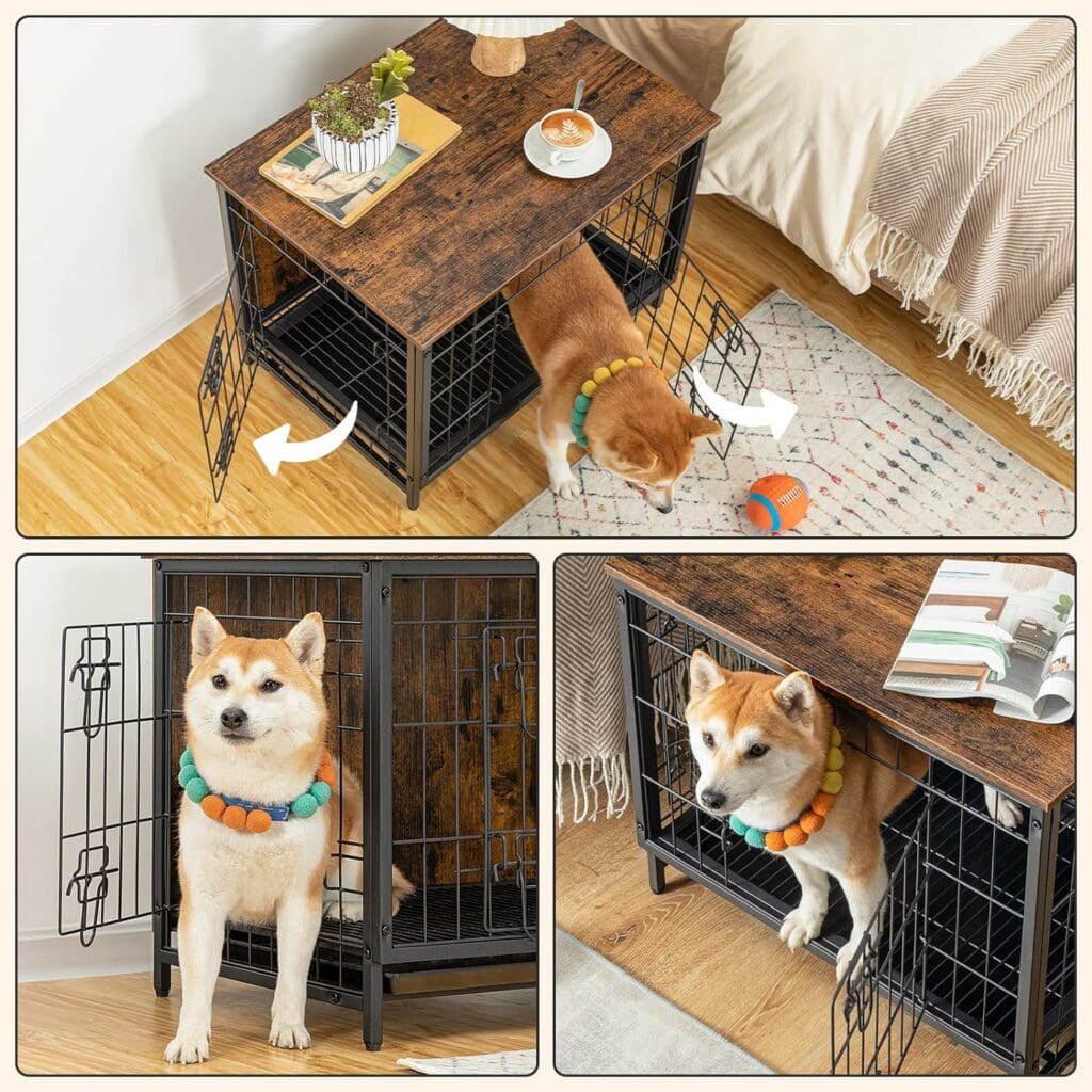 ALLOSWELL Dog Crate Furniture, 25.2 Dog Crate End Table, Pet Kennels with Double Doors, Indoor Dog Cage with Removable Tray, Wooden Dog House for Small/Medium/Large Dogs, Rustic Brown DCHR0101