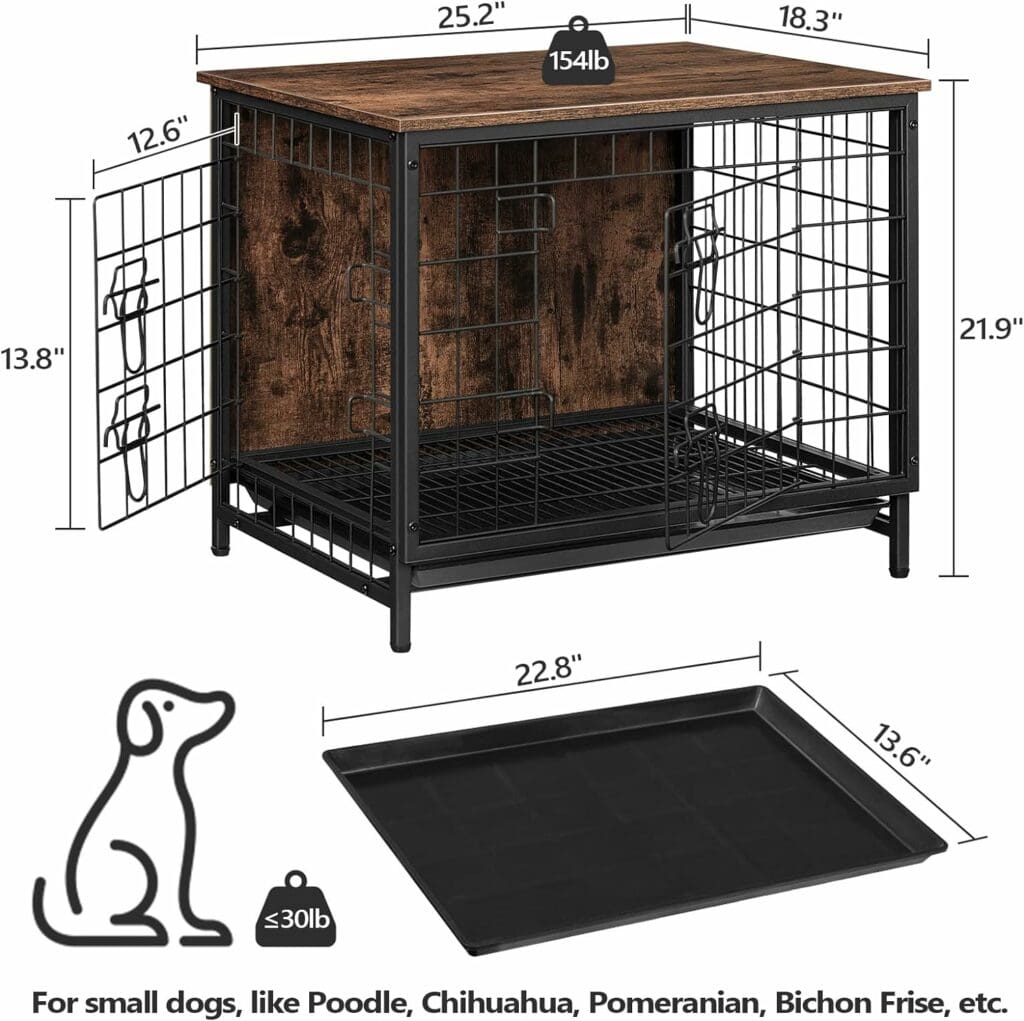 ALLOSWELL Dog Crate Furniture, 25.2 Dog Crate End Table, Pet Kennels with Double Doors, Indoor Dog Cage with Removable Tray, Wooden Dog House for Small/Medium/Large Dogs, Rustic Brown DCHR0101