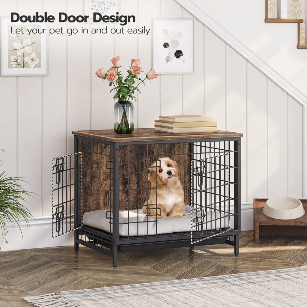 ALLOSWELL Dog Crate Furniture, 25.2 Dog Crate End Table, Pet Kennels with Double Doors, Indoor Dog Cage with Removable Tray, Wooden Dog House for Small/Medium/Large Dogs, Rustic Brown DCHR0101