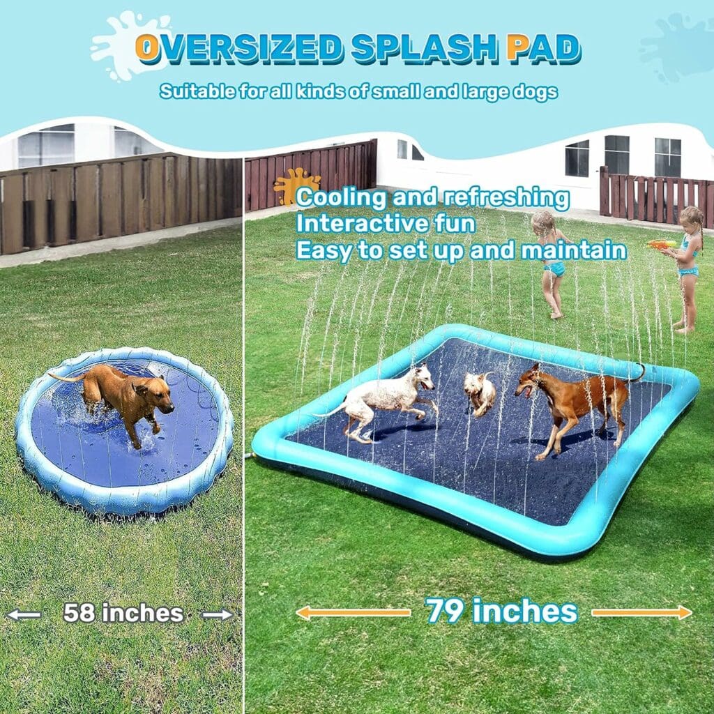 Bilibara 79 Splash Pad for Dogs, Non-Slip Sprinkler for Kids, Square Splash Pad for Kids Ages 4-8, Splash Pads for Toddlers 1-3, Dog Sprinkler Shallow Pool, Outdoor Water Toys for Backyard, Teal