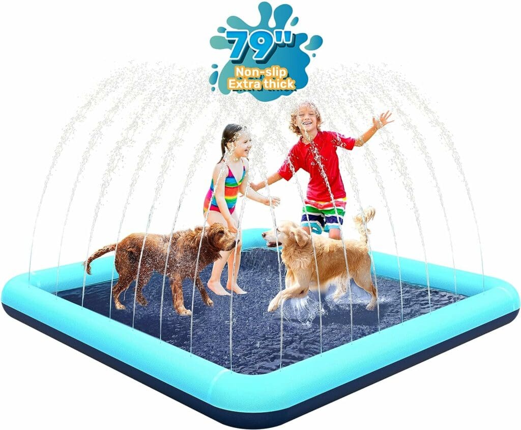 Bilibara 79 Splash Pad for Dogs, Non-Slip Sprinkler for Kids, Square Splash Pad for Kids Ages 4-8, Splash Pads for Toddlers 1-3, Dog Sprinkler Shallow Pool, Outdoor Water Toys for Backyard, Teal