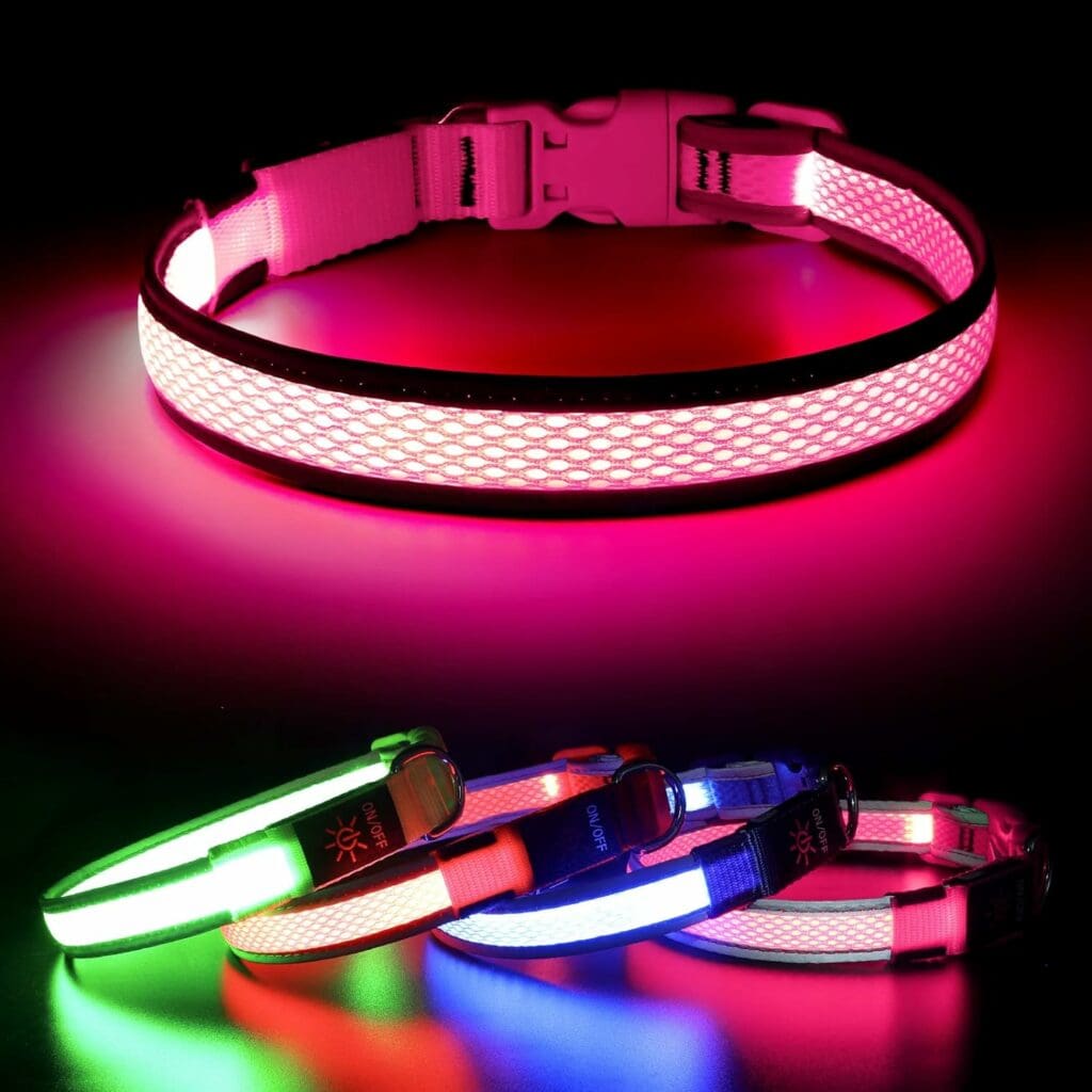 BSEEN Light Up Dog Collars - Reflective LED Dog Collar, Adjustable Puppy Collar, Rechargeable Dog Camping Gear Dog Collar Light for Small Medium Large Dogs (Large, Pink)