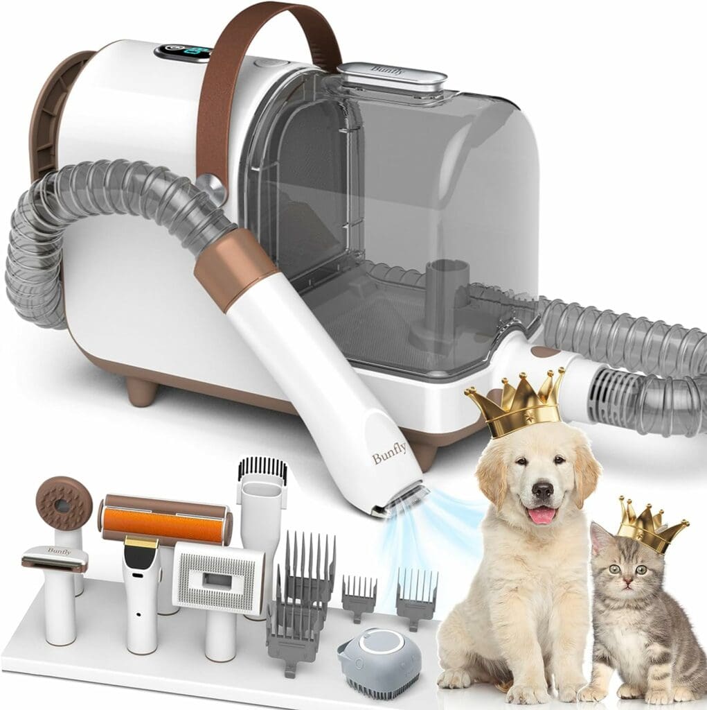 Bunfly Dog Grooming Kit  Vacuum Suction 99.99% Pet Hair, 3L Large Capacity Dust Cup, 7 Pet Grooming Tools for Shedding Pet Hair, Home Cleaning（BrownWhite）