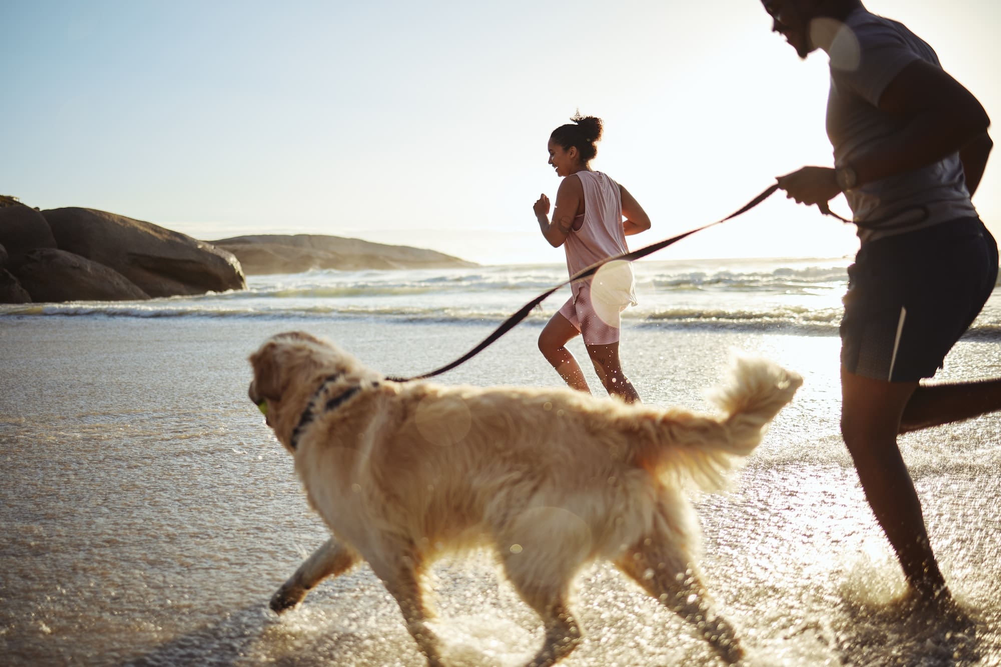 Dog, black couple and running beach fitness with an animal for morning exercise and runner workout.