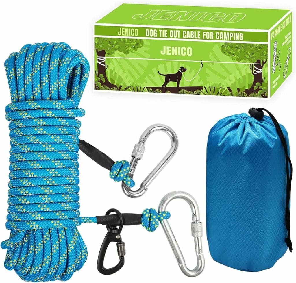 Dog Tie Out Cable for Camping - 50ft/70ft/100ft Portable Reflective Overhead Trolley System for Dogs up to 300lbs - Dog Lead for Yard Camping | Parks | Outdoor Events Blue