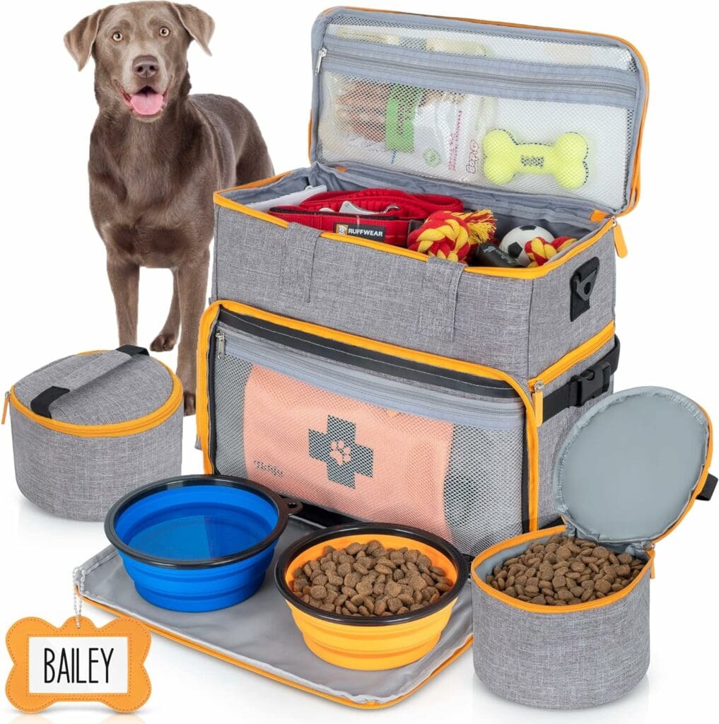 Dog Travel Bag Airline Approved Travel Set for Dog and Cat Tote Organizer with Multi Function Pockets, 2 Food Containers and Collapsible Bowls, Weekend Away Dog Bag for Travel Accessories - Gray