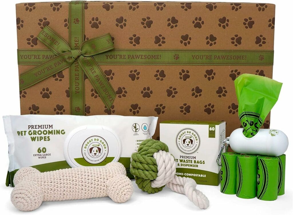 Doggy Do Good Dog Essentials Starter Kit - 2 Dog Toys, Pet Grooming Wipes, 60 Count Poop Bags with Dispenser - Birthday Gift, Must Have Supplies for New Puppy Owners