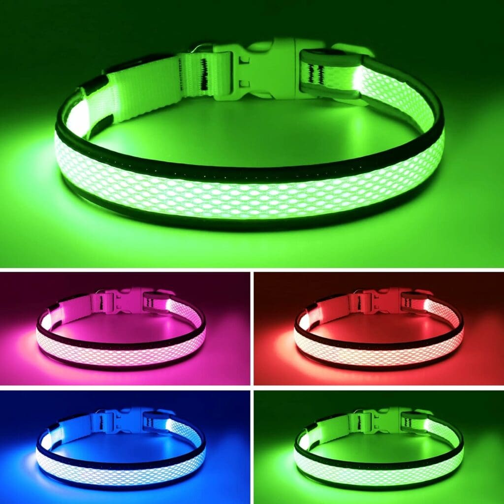 Flashseen LED Dog Collar, USB Rechargeable Light Up Dog Collar Lights, Adjustable Comfortable Soft Mesh Safety Dog Collar for Small, Medium, Large Dogs(Large, Neon Green)