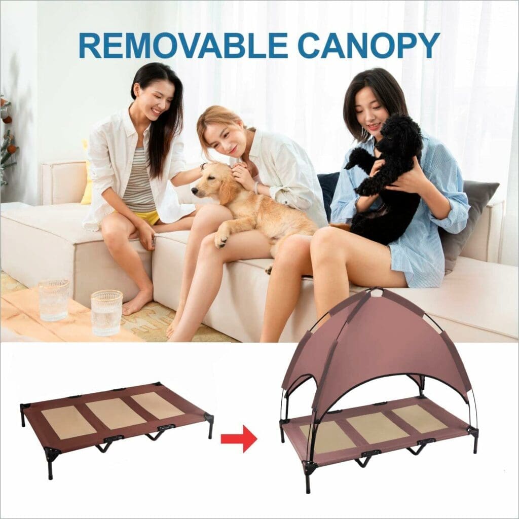 Hooyeatlin Large Elevated Dog Bed with Canopy - Upgraded 48IN Outdoor Raised Dog Cot Bed with Removable Shade Tent Brown (L Size)