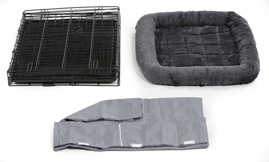 New World Double Door Dog Crate Kit Includes One Two-Door Crate, Matching Gray Bed  Gray Crate Cover, 30-Inch Kit Ideal for Medium Dog Breeds,Black  Gray