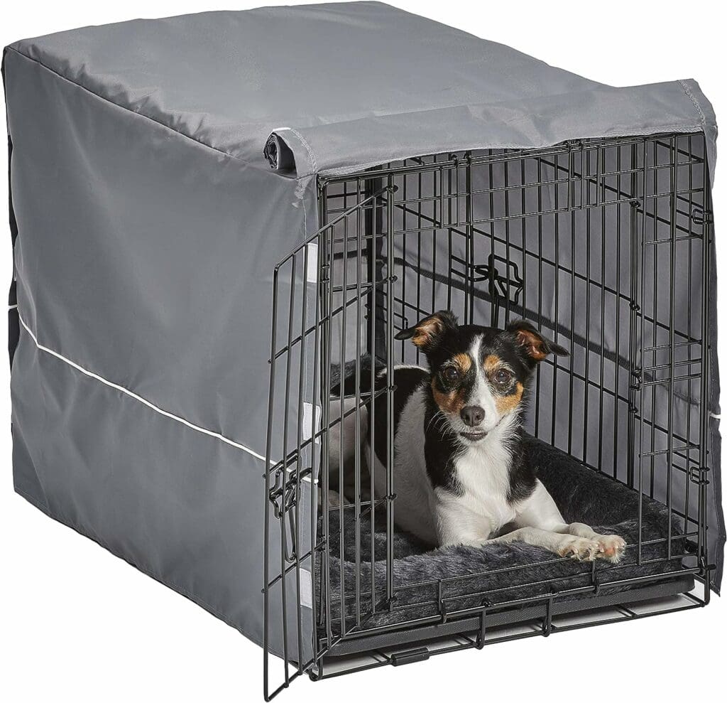 New World Double Door Dog Crate Kit Includes One Two-Door Crate, Matching Gray Bed  Gray Crate Cover, 30-Inch Kit Ideal for Medium Dog Breeds,Black  Gray