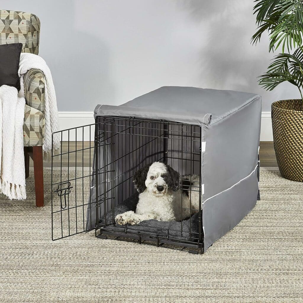 New World Double Door Dog Crate Kit Includes One Two-Door Crate, Matching Gray Bed  Gray Crate Cover, 30-Inch Kit Ideal for Medium Dog Breeds,Black  Gray