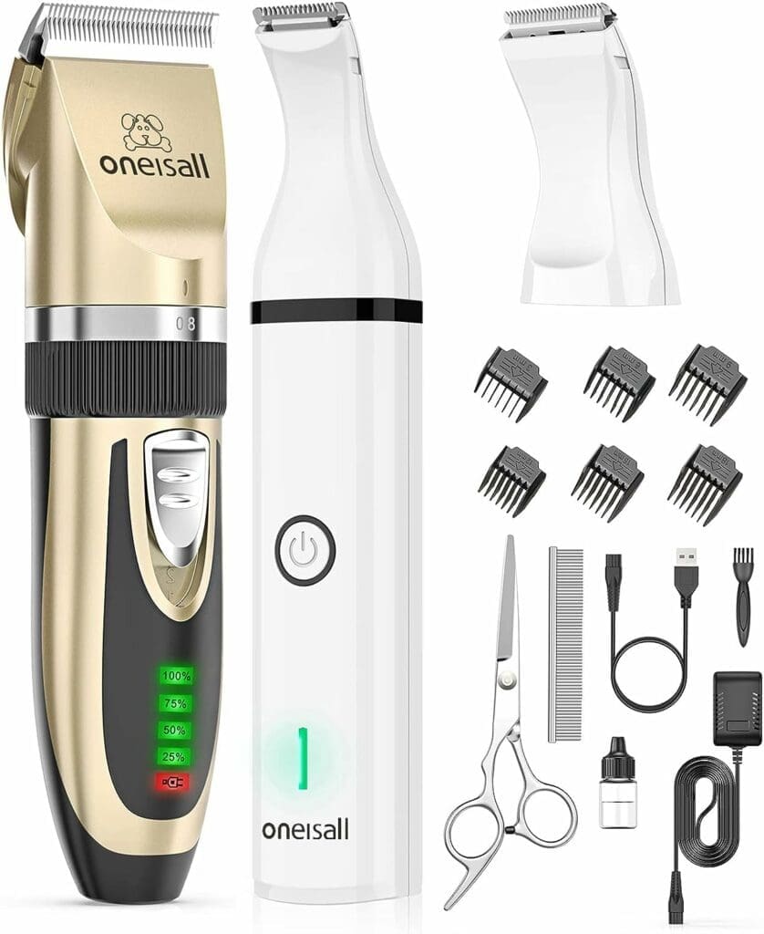 oneisall Dog Clippers and Dog Paw Trimmer Kit 2 in 1 Low Noise Cordless Dog Clippers for Grooming Pet Hair Trimmers for Small and Large Dogs Cats Animals