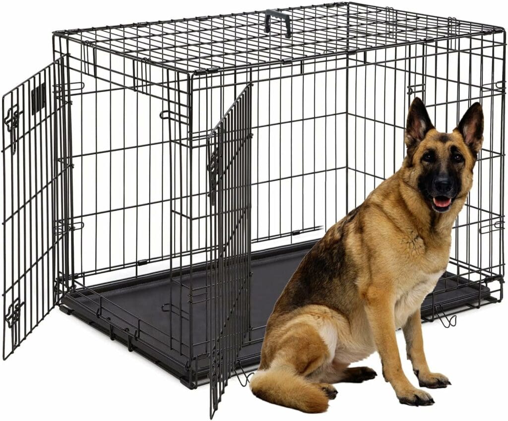 Pet Dog Crate, 48 Inches Large Dog Cage Double Door Folding Dog Crate Metal Wire Dog Kennel with Divider Panel Leak-Proof Plastic Pan, Indoor Outdoor Basic Pet Crates for Medium Large Breed Dog XL XXL