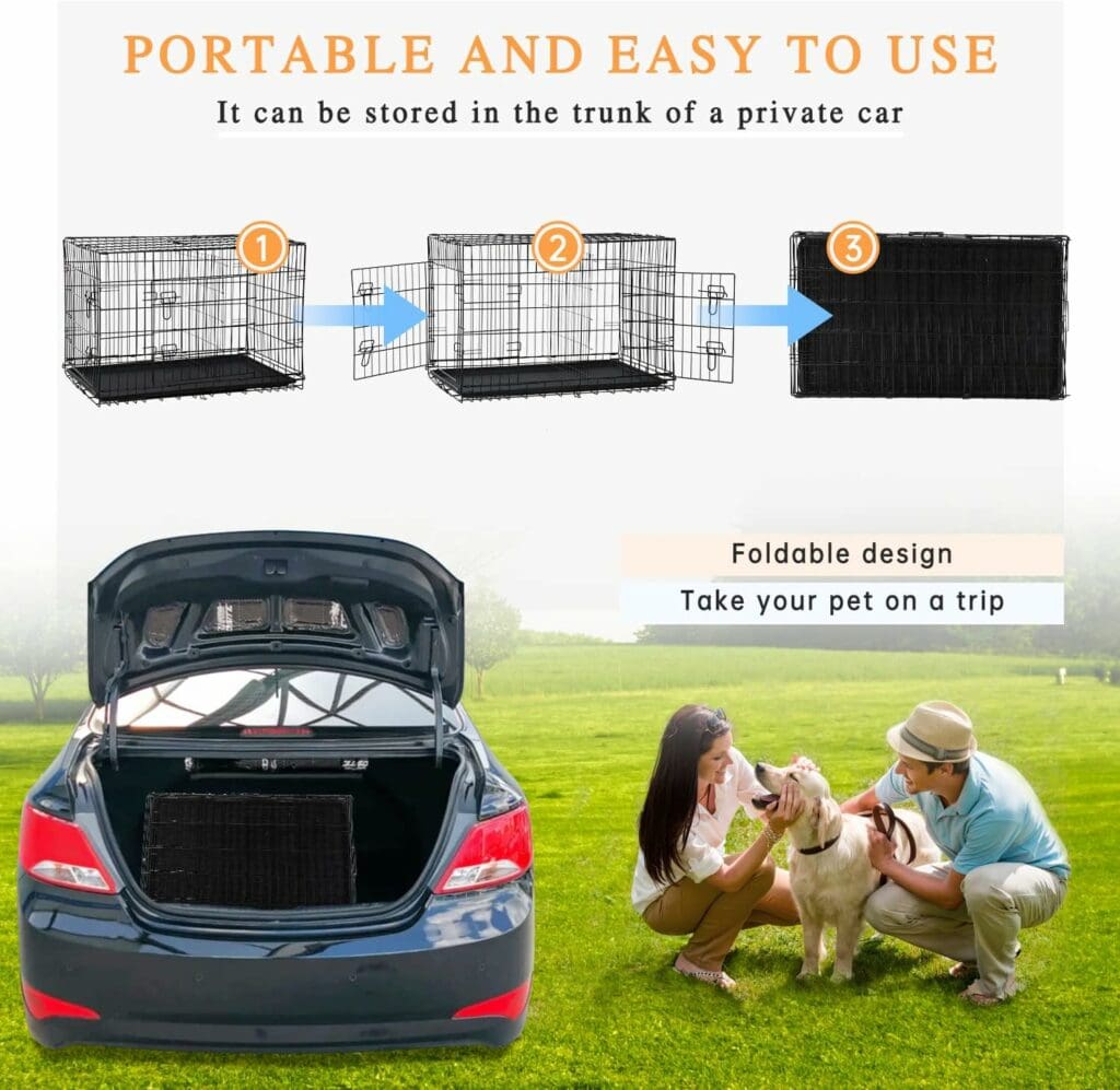 Pet Dog Crate, 48 Inches Large Dog Cage Double Door Folding Dog Crate Metal Wire Dog Kennel with Divider Panel Leak-Proof Plastic Pan, Indoor Outdoor Basic Pet Crates for Medium Large Breed Dog XL XXL