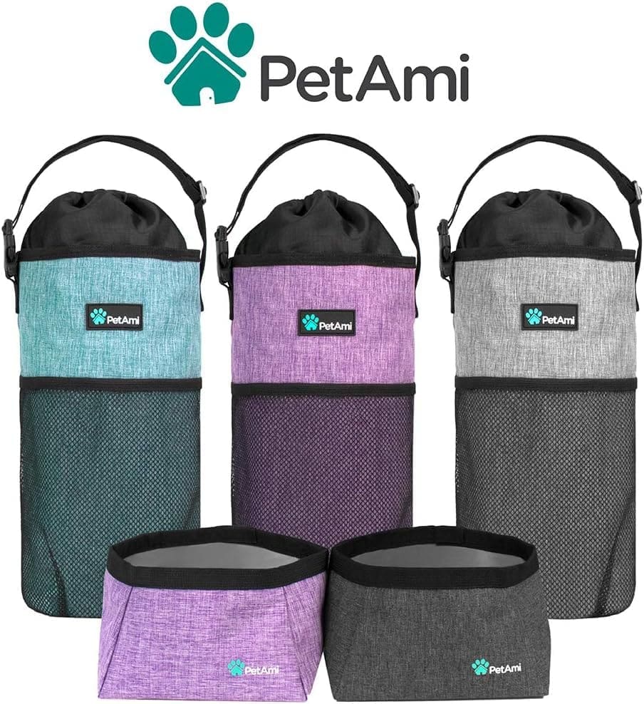 PetAmi Dog Food Travel Bag | Kibble Carrier for Dogs with Collapsible Dog Water Bowls Kit | Pet Food Travel Container Storage for Camping, Hiking Gear Accessories (Sea Blue, Grey)