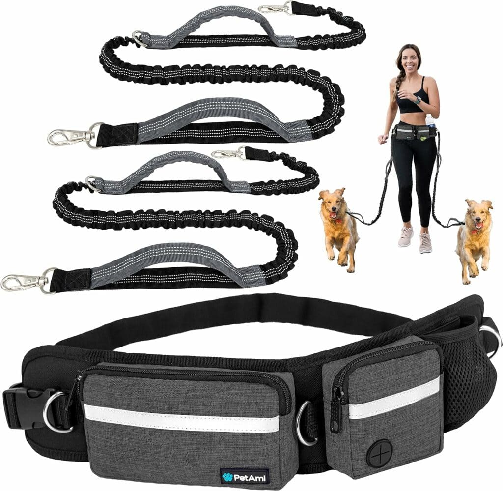 PetAmi Hands Free Dog Leash, Dog Running Leash Belt Bag for Walking, Jogging, Dog Waist Double Zipper Pouch with Poop Bag Dispenser, Dual Padded Handles Reflective Bungee Leash, Double