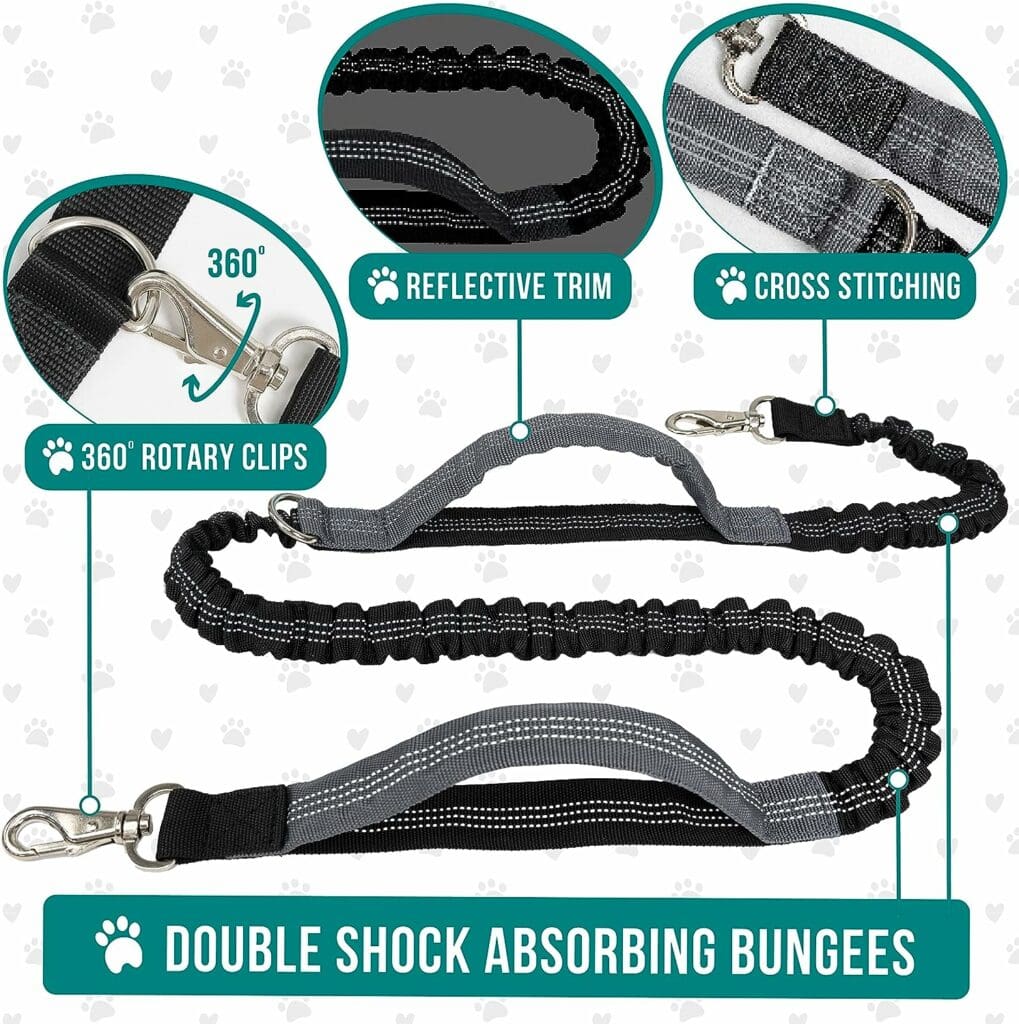 PetAmi Hands Free Dog Leash, Dog Running Leash Belt Bag for Walking, Jogging, Dog Waist Double Zipper Pouch with Poop Bag Dispenser, Dual Padded Handles Reflective Bungee Leash, Double