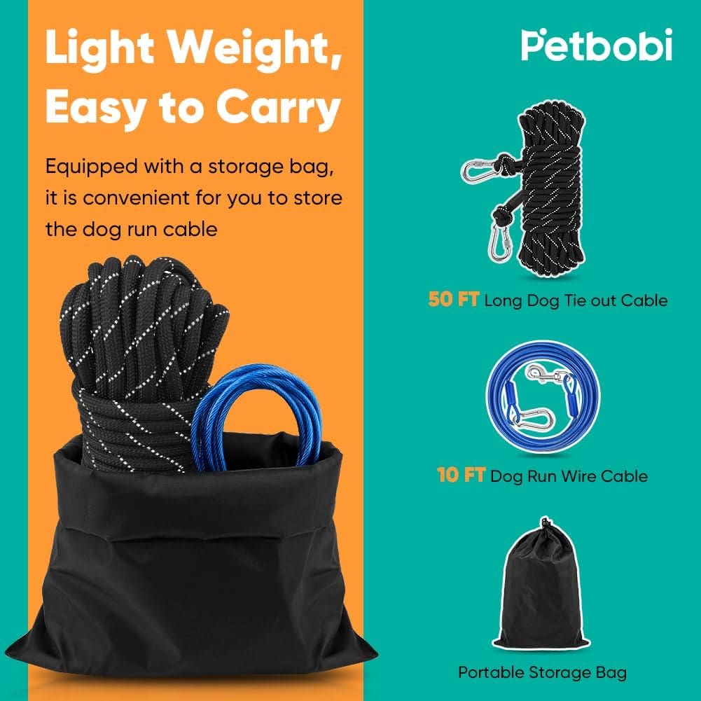 Petbobi Dog Runner for Yard 50FT, Dog Tie Out Cable for Camping with 10FT Dog Run Wire Cable, Portable Reflective Dog Lead Line with 360° Tangle Free Heavy-Duty Clasp for Yard, Park, Black