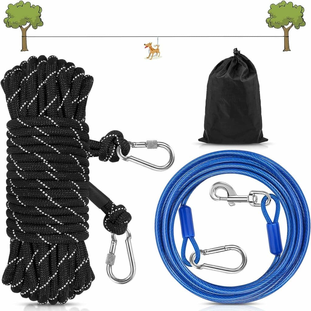 Petbobi Dog Runner for Yard 50FT, Dog Tie Out Cable for Camping with 10FT Dog Run Wire Cable, Portable Reflective Dog Lead Line with 360° Tangle Free Heavy-Duty Clasp for Yard, Park, Black