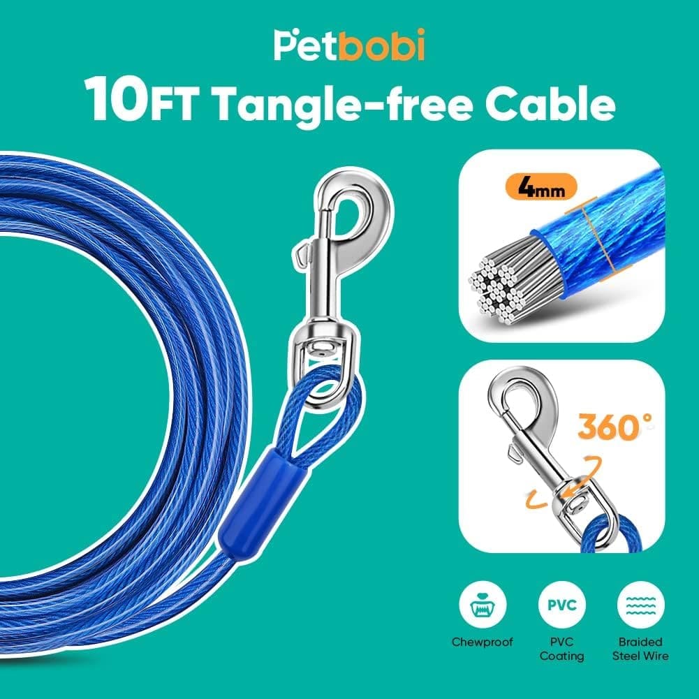 Petbobi Dog Runner for Yard 50FT, Dog Tie Out Cable for Camping with 10FT Dog Run Wire Cable, Portable Reflective Dog Lead Line with 360° Tangle Free Heavy-Duty Clasp for Yard, Park, Black