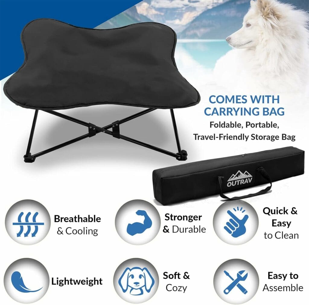 Portable Elevated Dog Bed | Folding Pet Cot for Indoor, Outdoor, Traveling, Camping | Fold Up Steel Frame with Padded Cushion Canopy | Raised Travel Lounger for Large, Small, Dogs, Cats, up to 100 lb.