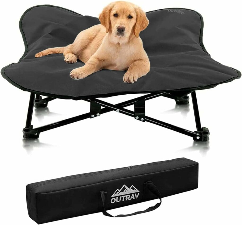 Portable Elevated Dog Bed | Folding Pet Cot for Indoor, Outdoor, Traveling, Camping | Fold Up Steel Frame with Padded Cushion Canopy | Raised Travel Lounger for Large, Small, Dogs, Cats, up to 100 lb.