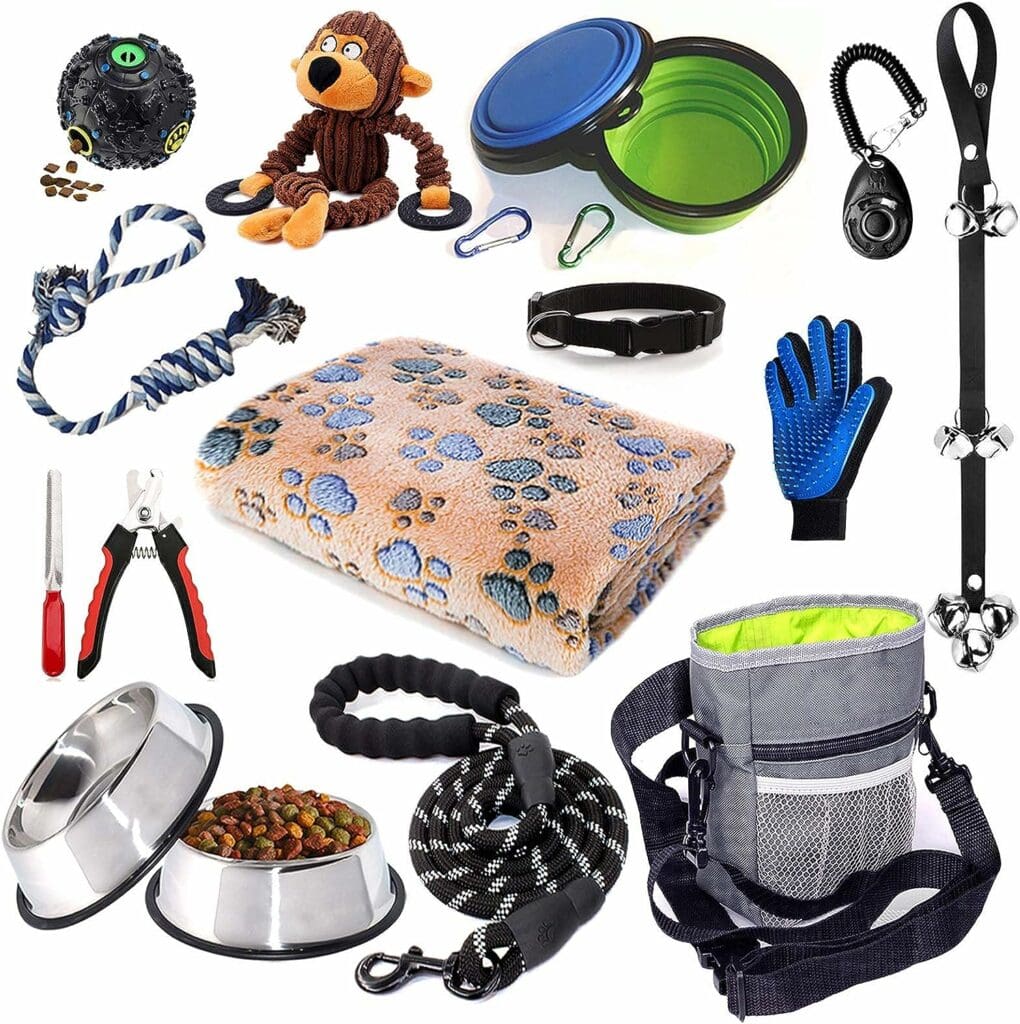 Puppy Starter Kit,15 Piece Dog Supplies Assortments,Set Includes:Dog Toys | Dog Essentials | Puppy Training Supplies | Dog Grooming Tool | Dog Leashes Accessories | Feeding  Watering Supplies