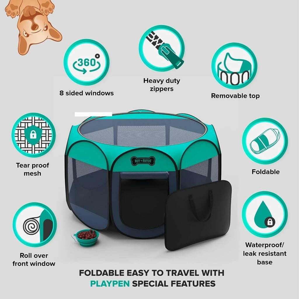 Ruff n Ruffus Portable Foldable Pet Playpen + Free Carrying Case + Free Travel Bowl | Available in 3 Sizes Indoor/Outdoor Water-Resistant Removable Shade Cover