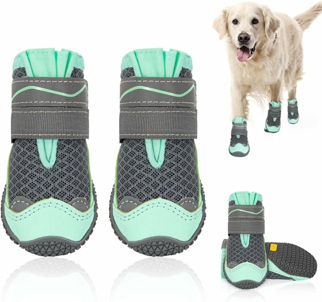 SlowTon Breathable Dog Shoes - Soft Non-Slip Rubber Sole Dog Boots for Winter Snow  Hot Pavement, Adjustable Dog Booties with Reflective Strap, Dog Paw Protector for Small Medium Large Dog (Green, 6)