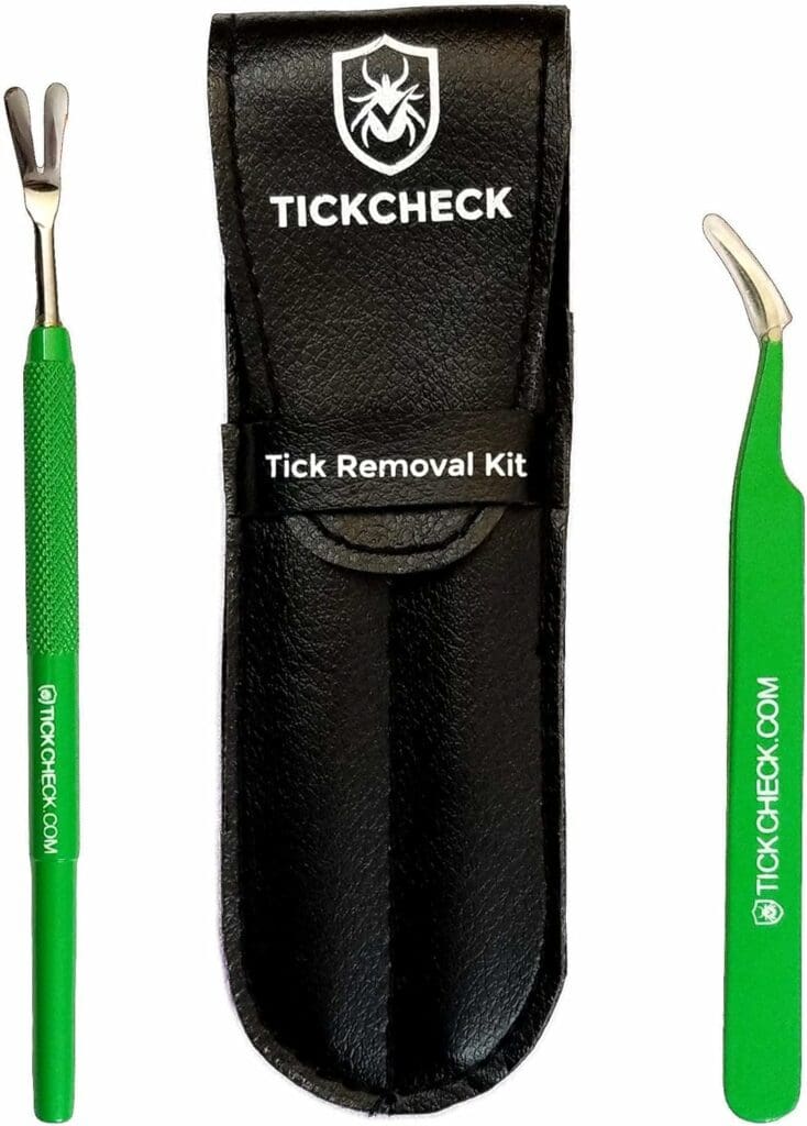 TickCheck Premium Tick Remover Kit - Stainless Steel Tick Remover + Tweezers, Leather Case, and Free Pocket Tick Identification Card (1 Set)