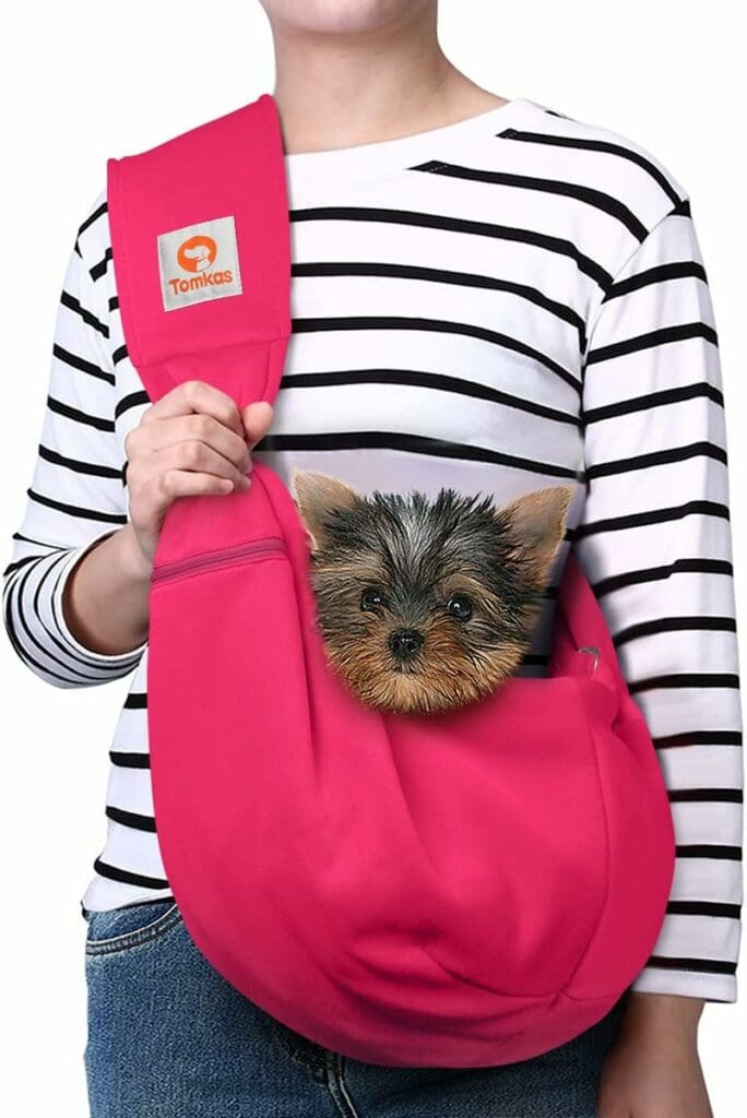 TOMKAS Dog Sling Carrier for Small Dogs Puppy Carrier for Small Dogs (Rose red, adjustable strap for 3 - 10 lbs  Zipper Pocket)