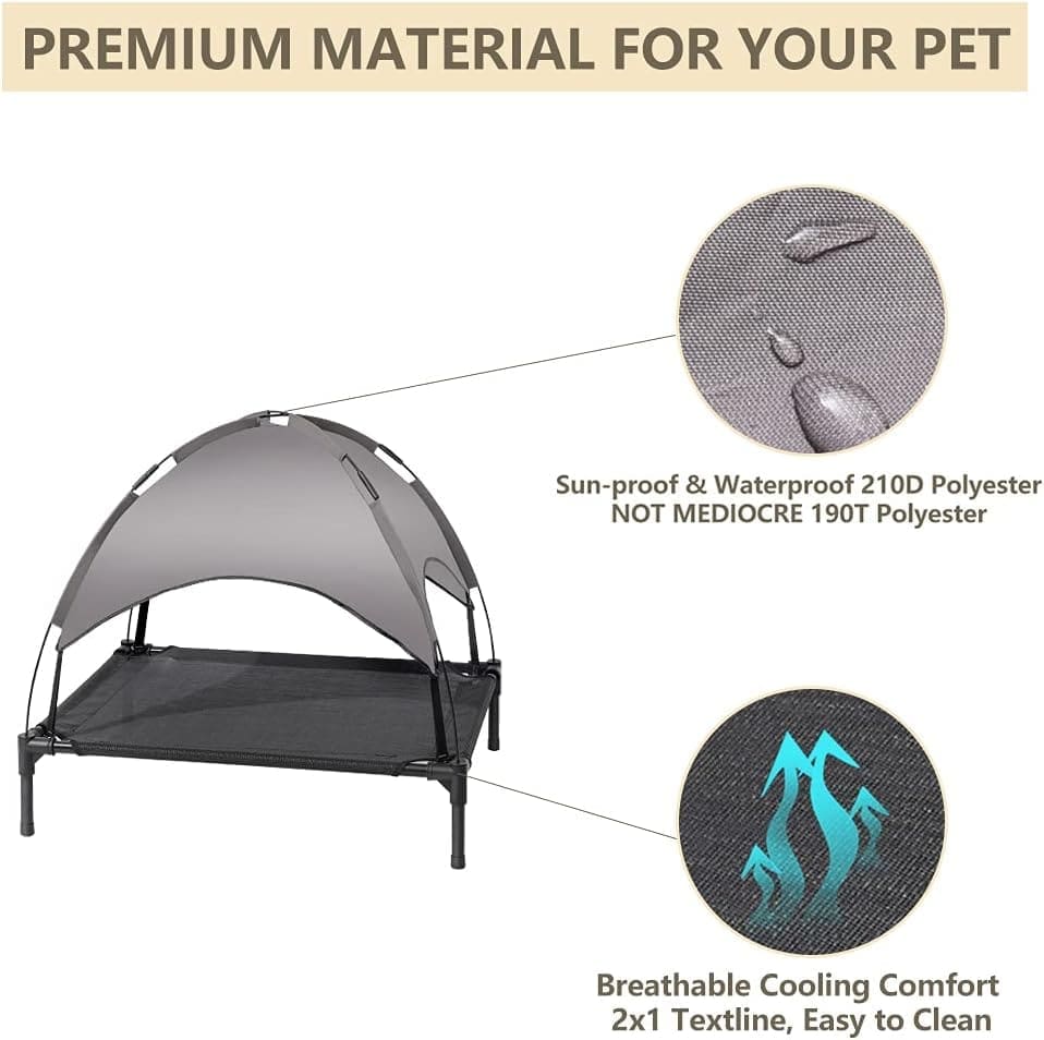 Zooba 31 Elevated Outdoor Dog Bed with Canopy, Cooling Raised Pet Cot with Removable Sunshade for Camping, Deluxe 600D PVC with 2x1 Textilene with Carrying Bag