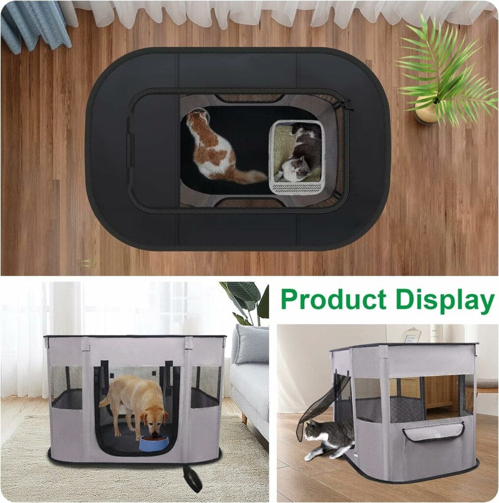 Portable Pet Playpen Collapsible Crates Kennel Playpen for Dog Puppy and Cat Kitten Travel Playpen Outdoor or Indoor (Black Grey, Ｌ)