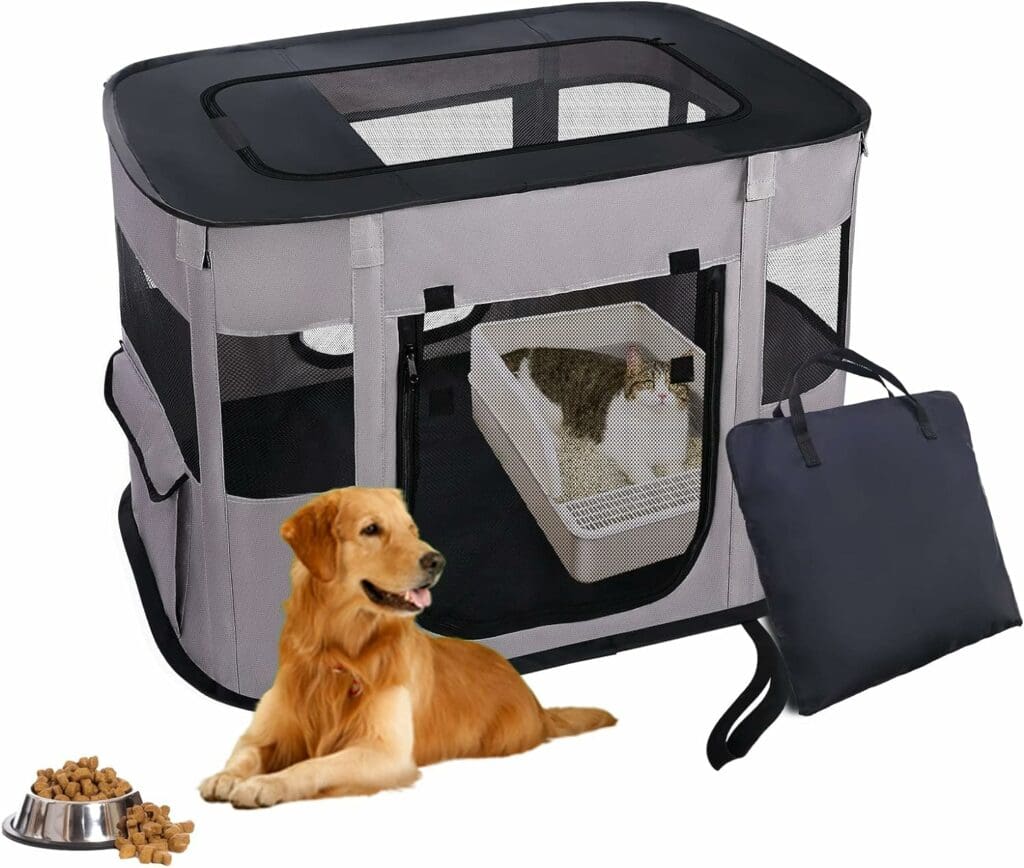Portable Pet Playpen Collapsible Crates Kennel Playpen for Dog Puppy and Cat Kitten Travel Playpen Outdoor or Indoor (Black Grey, Ｌ)